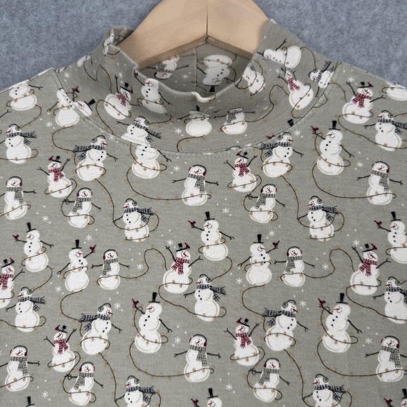 Croft & Barrow Shirt Womens L Green Mock Turtleneck Snowman Holiday Christmas - Picture 2 of 9